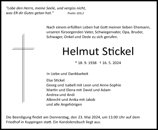 Traueranzeige von Helmut Stickel von Kreiszeitung Böblinger Bote