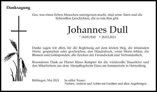 Traueranzeige von Johannes Dull von Kreiszeitung Böblinger Bote