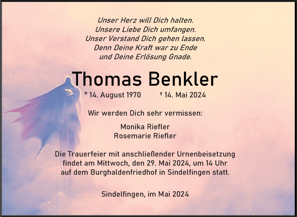  Traueranzeige für Thomas Benkler vom 18.05.2024 aus Kreiszeitung Böblinger Bote