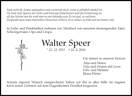 Traueranzeige von Walter Speer von Kreiszeitung Böblinger Bote