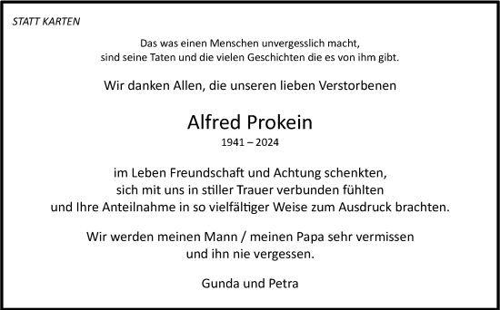 Traueranzeige von Alfred Prokein von Kreiszeitung Böblinger Bote