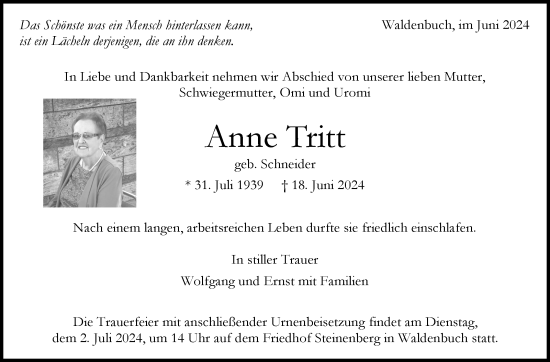 Traueranzeige von Anne Tritt von Kreiszeitung Böblinger Bote