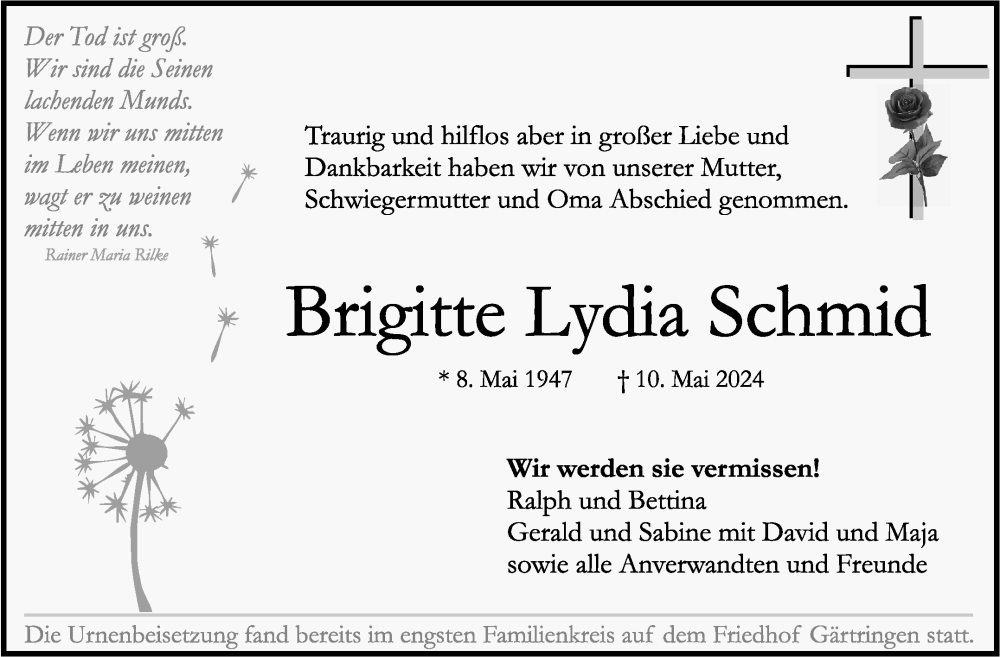  Traueranzeige für Brigitte Lydia Schmid vom 08.06.2024 aus Kreiszeitung Böblinger Bote