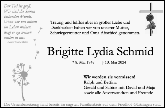 Traueranzeige von Brigitte Lydia Schmid von Kreiszeitung Böblinger Bote
