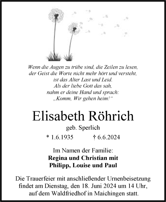 Traueranzeige von Elisabeth Röhrich von Kreiszeitung Böblinger Bote