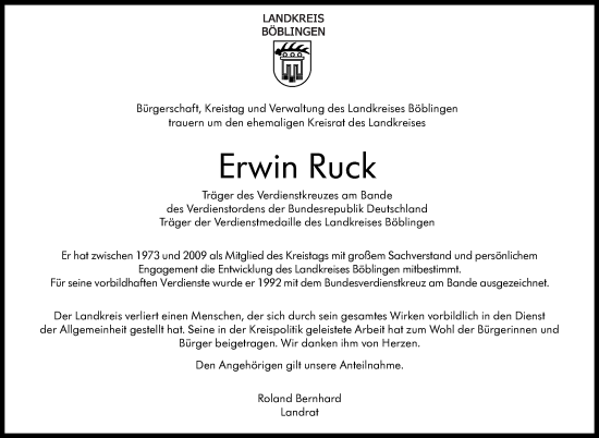 Traueranzeige von Erwin Ruck von Kreiszeitung Böblinger Bote