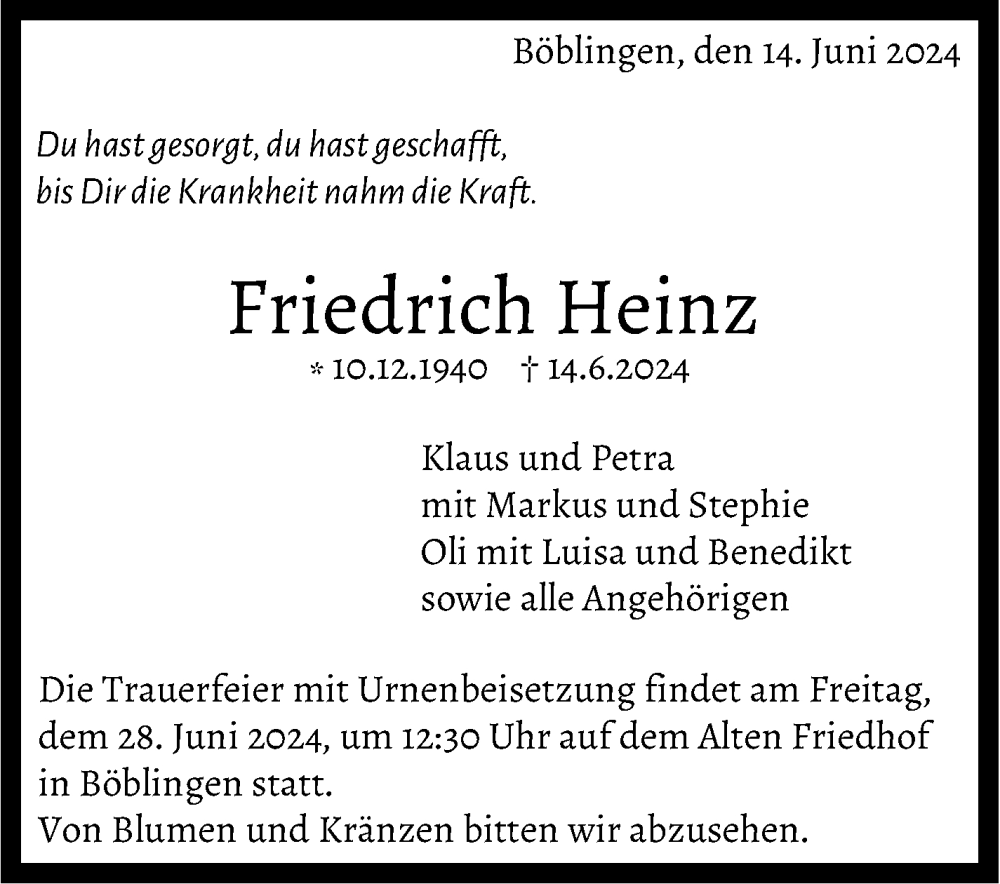  Traueranzeige für Friedrich Heinz vom 21.06.2024 aus Kreiszeitung Böblinger Bote