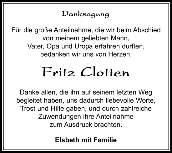 Traueranzeige von Fritz Clotten von Kreiszeitung Böblinger Bote