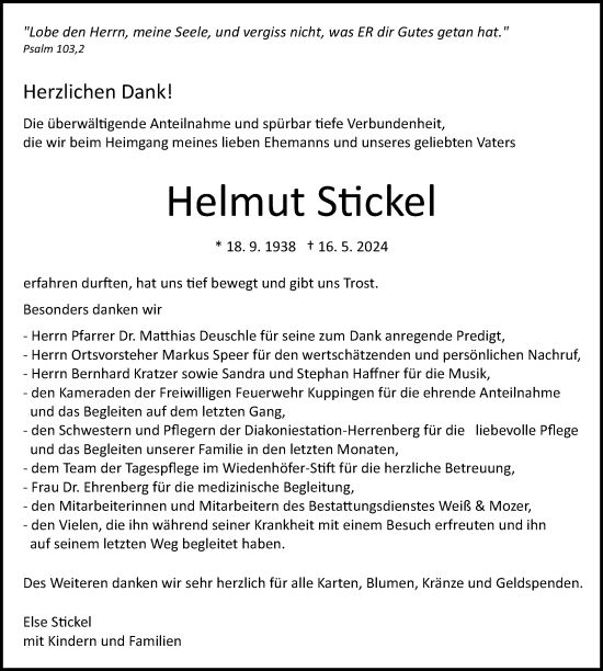 Traueranzeige von Helmut Stickel von Kreiszeitung Böblinger Bote