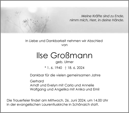 Traueranzeige von Ilse Großmann von Kreiszeitung Böblinger Bote