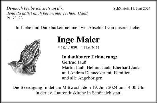 Traueranzeige von Inge Maier von Kreiszeitung Böblinger Bote