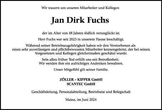 Traueranzeige von Jan Dirk Fuchs von Kreiszeitung Böblinger Bote