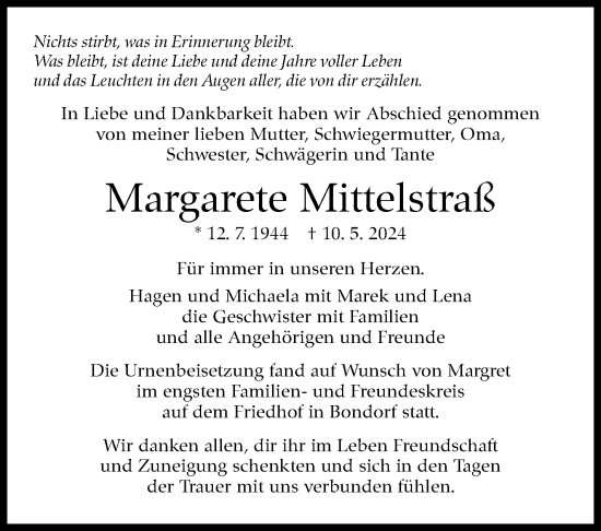 Traueranzeige von Margarete Mittelstraß von Kreiszeitung Böblinger Bote