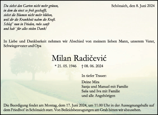 Traueranzeige von Milan Radicevic von Kreiszeitung Böblinger Bote