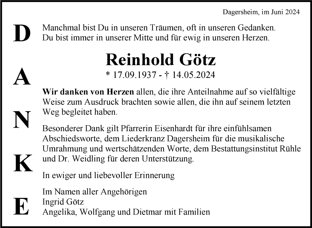  Traueranzeige für Reinhold Götz vom 06.06.2024 aus Kreiszeitung Böblinger Bote