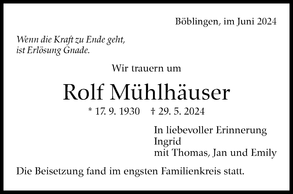  Traueranzeige für Rolf Mühlhäuser vom 08.06.2024 aus Kreiszeitung Böblinger Bote