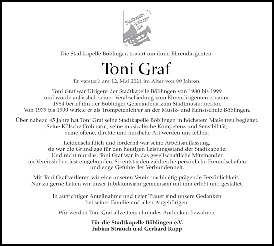 Traueranzeige von Toni Graf von Kreiszeitung Böblinger Bote