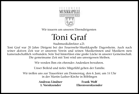 Traueranzeige von Toni Graf von Kreiszeitung Böblinger Bote