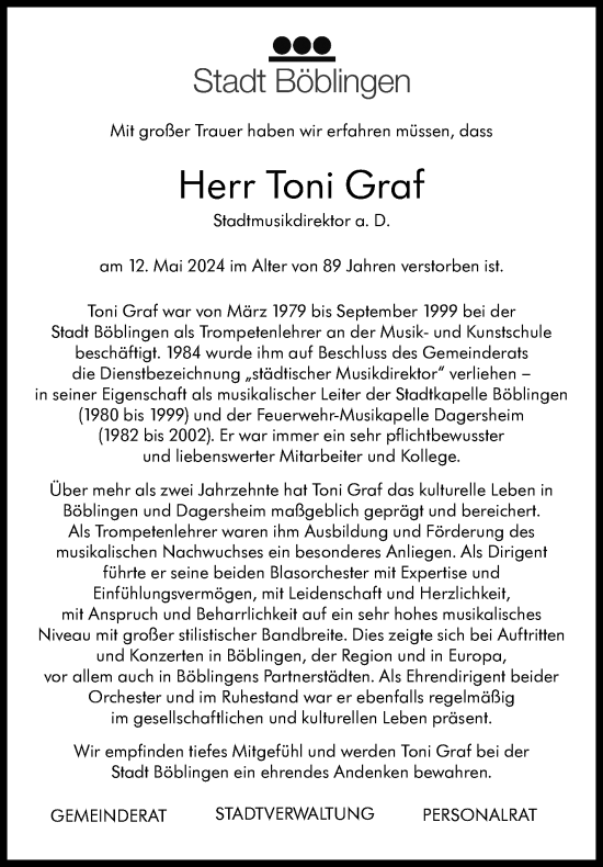 Traueranzeige von Toni Graf von Kreiszeitung Böblinger Bote