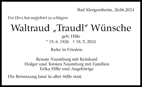 Traueranzeige von Waltraud Wünsche von Kreiszeitung Böblinger Bote