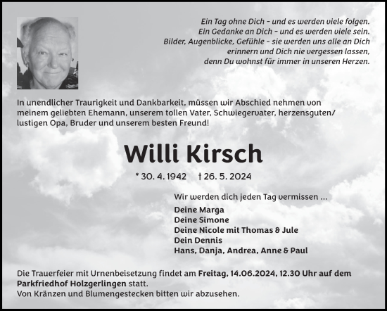 Traueranzeige von Willi Kirsch von Kreiszeitung Böblinger Bote