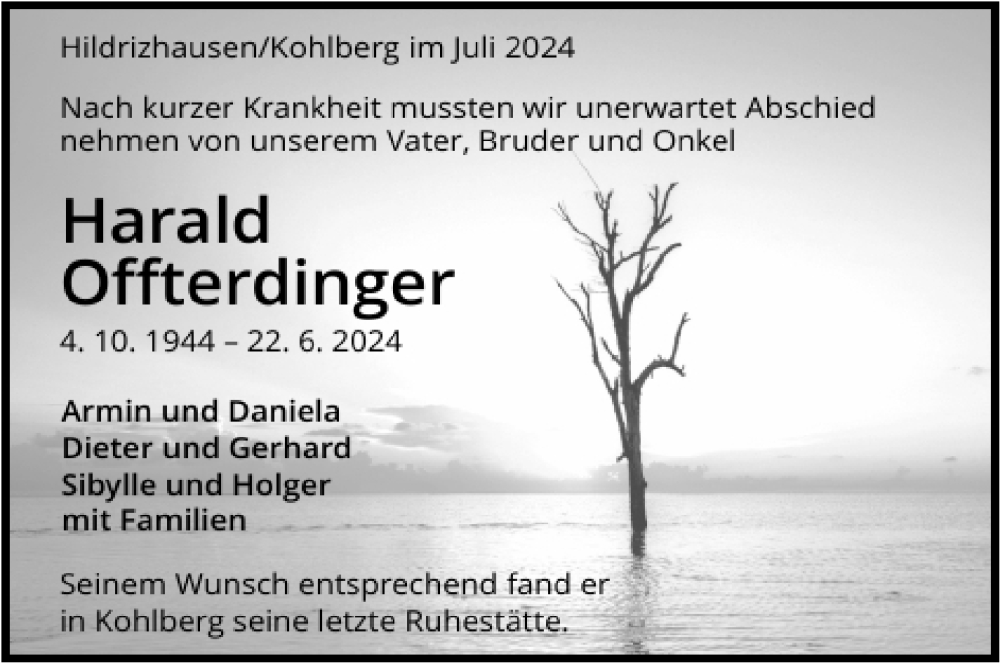  Traueranzeige für Harald Offterdinger vom 13.07.2024 aus 