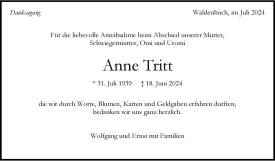 Traueranzeige von Anna-Maria Tritt von Kreiszeitung Böblinger Bote