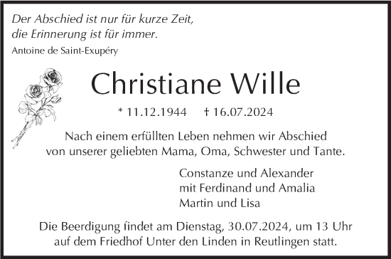Traueranzeige von Christiane Wille von Kreiszeitung Böblinger Bote
