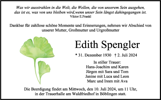 Traueranzeige von Edith Spengler von Kreiszeitung Böblinger Bote