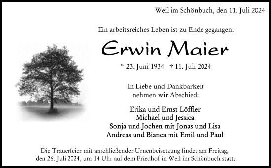 Traueranzeige von Erwin Maier von Kreiszeitung Böblinger Bote