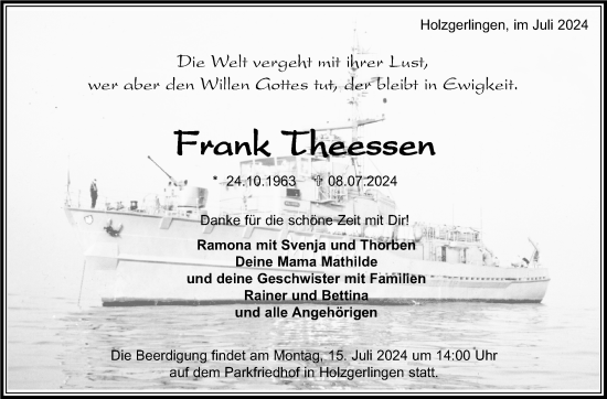 Traueranzeige von Frank Theessen von Kreiszeitung Böblinger Bote