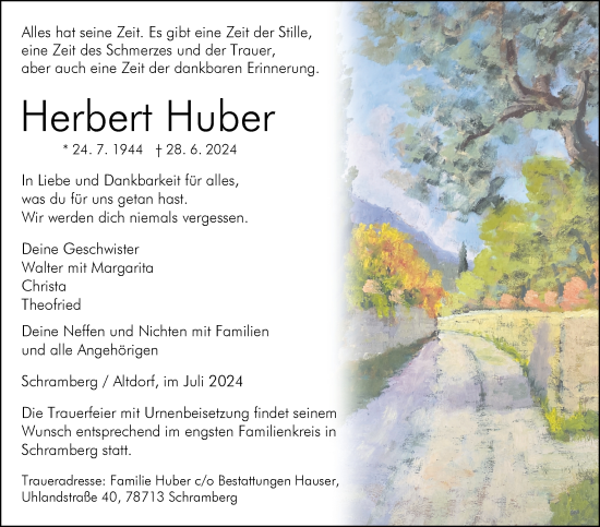 Traueranzeige von Herbert Huber von Kreiszeitung Böblinger Bote