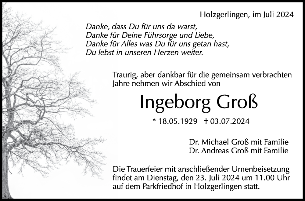  Traueranzeige für Ingeborg Groß vom 20.07.2024 aus Kreiszeitung Böblinger Bote