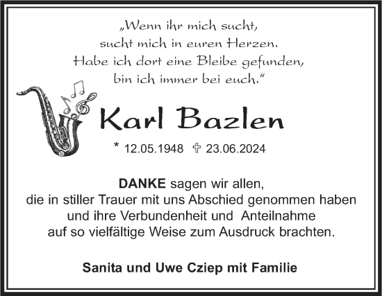 Traueranzeige von Karl Bazlen von Kreiszeitung Böblinger Bote