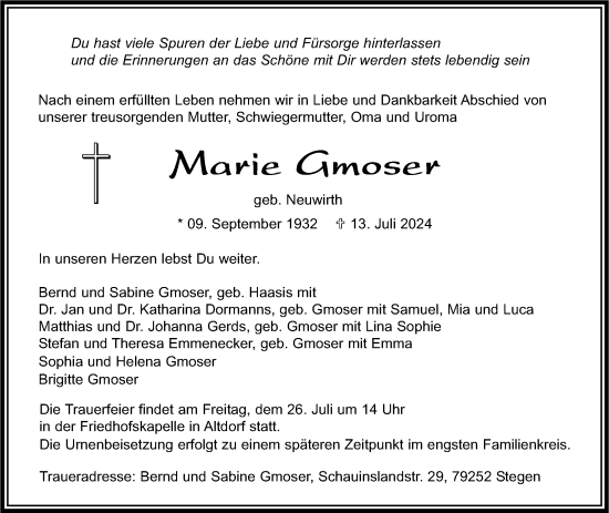 Traueranzeige von Marie Gmoser von Kreiszeitung Böblinger Bote