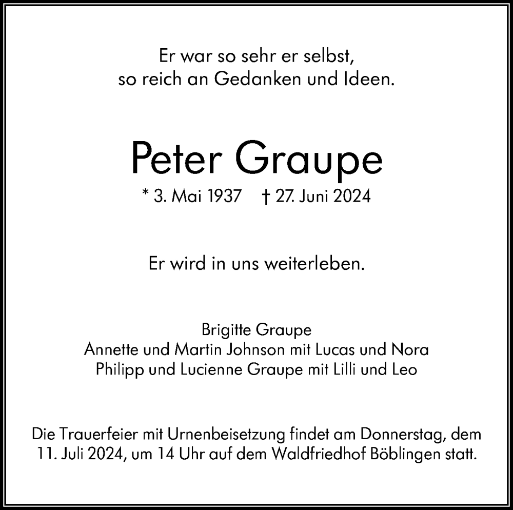  Traueranzeige für Peter Graupe vom 04.07.2024 aus Kreiszeitung Böblinger Bote