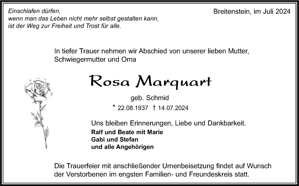  Traueranzeige für Rosa  Marquart vom 19.07.2024 aus Kreiszeitung Böblinger Bote