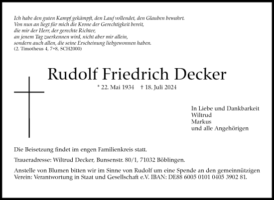 Traueranzeige von Rudolf Friedrich Decker von Kreiszeitung Böblinger Bote