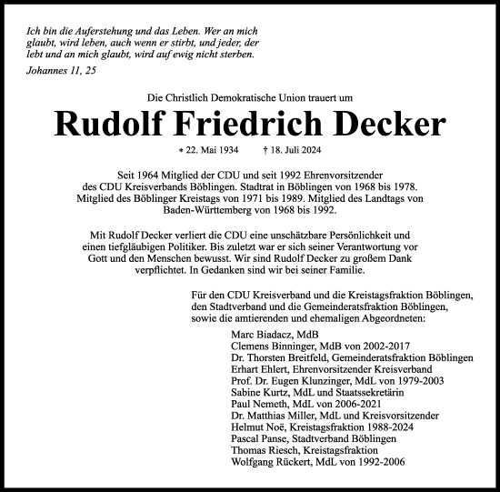 Traueranzeige von Rudolf Friedrich Decker von Kreiszeitung Böblinger Bote
