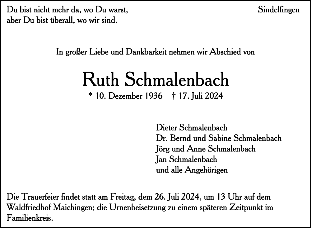  Traueranzeige für Ruth Schmalenbach vom 23.07.2024 aus Kreiszeitung Böblinger Bote