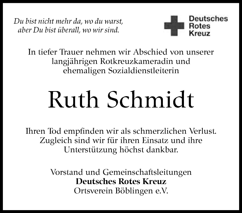  Traueranzeige für Ruth Schmidt vom 27.07.2024 aus Kreiszeitung Böblinger Bote