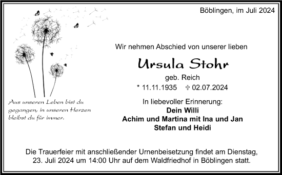 Traueranzeige von Ursula Stohr von Kreiszeitung Böblinger Bote