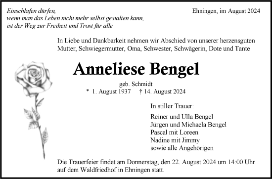 Traueranzeige von Anneliese Bengel von Kreiszeitung Böblinger Bote