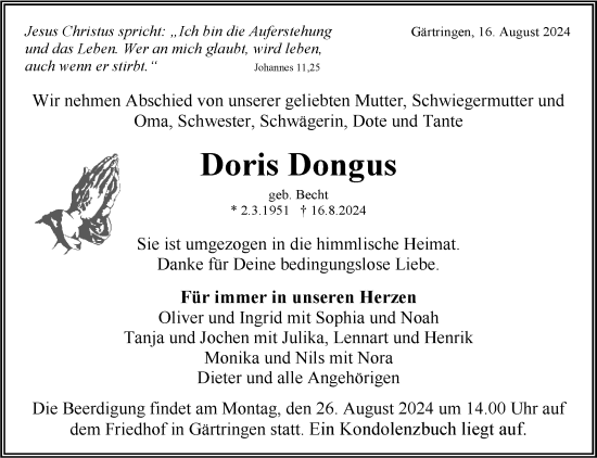 Traueranzeige von Doris Dongus von Kreiszeitung Böblinger Bote