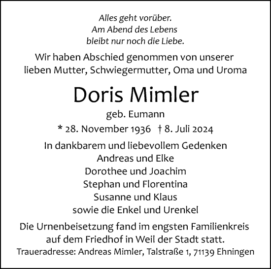 Traueranzeige von Doris Mimler von Kreiszeitung Böblinger Bote