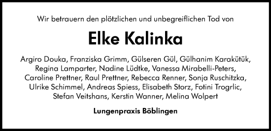 Traueranzeige von Elke Kalinka von Kreiszeitung Böblinger Bote
