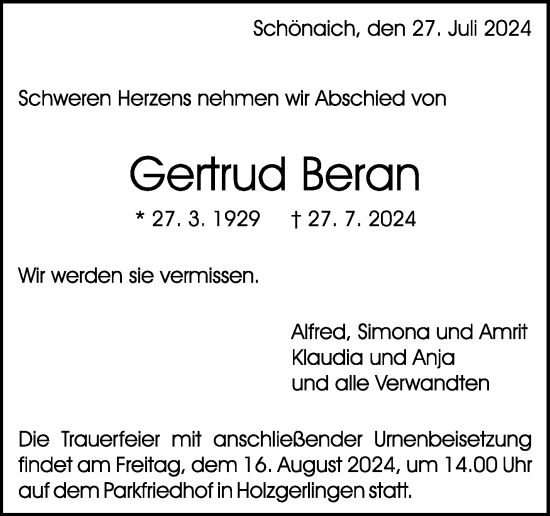 Traueranzeige von Gertrud Beran von Kreiszeitung Böblinger Bote