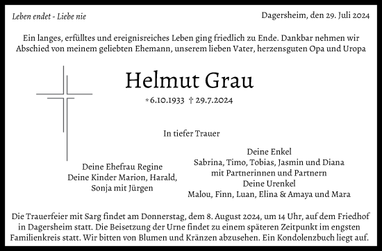 Traueranzeige von Helmut Grau von Kreiszeitung Böblinger Bote