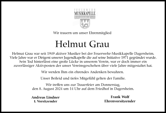 Traueranzeige von Helmut Grau von Kreiszeitung Böblinger Bote