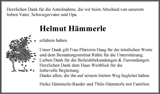 Traueranzeige von Helmut Hämmerle von Kreiszeitung Böblinger Bote